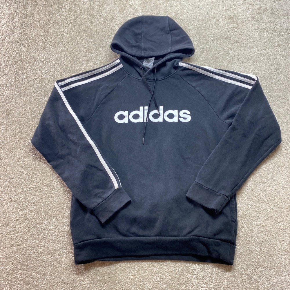 Adidas Sweatshirt Mens Small Black Hoodie with‎ White Stripes Long Sleeve